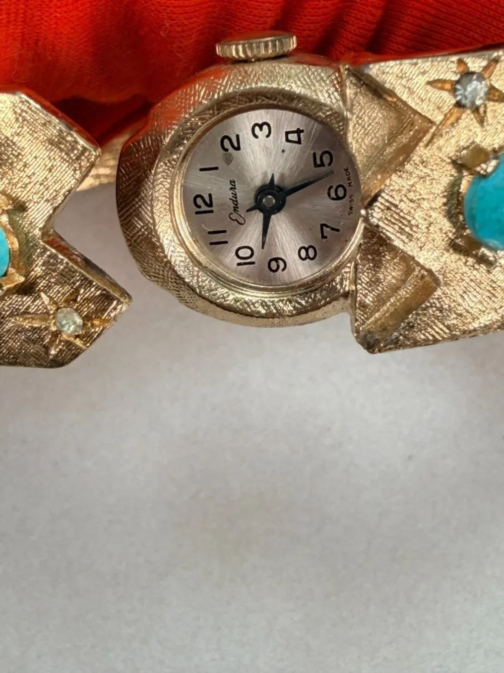 Vintage Endura Swiss Ladies Bracelet Watch Turquoise Rhinestones Runs No Crystal